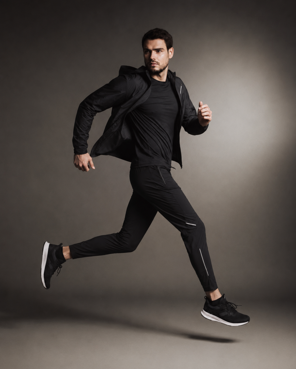 Athletic model running in black sportswear