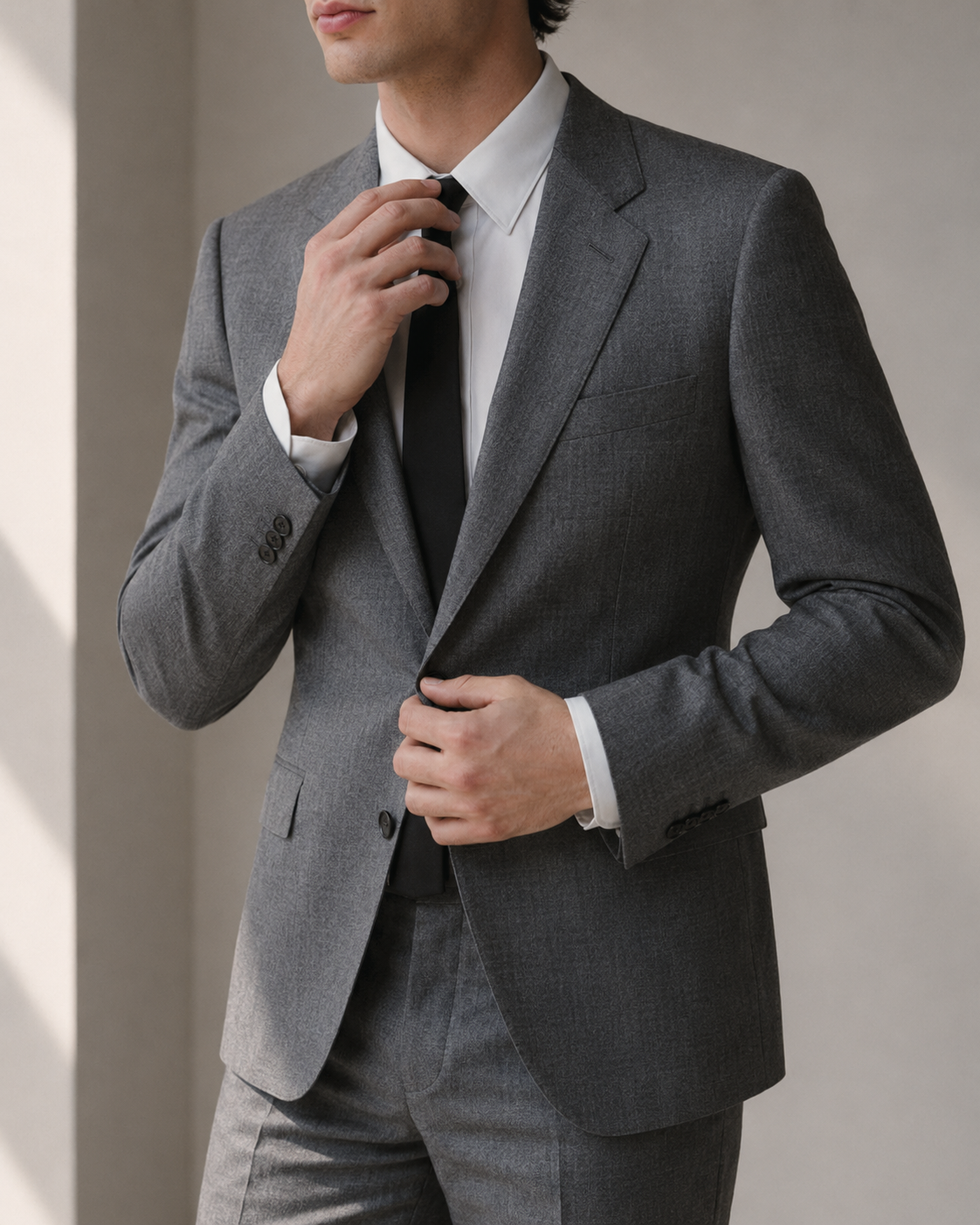 Close editorial detail of a model in a grey suit