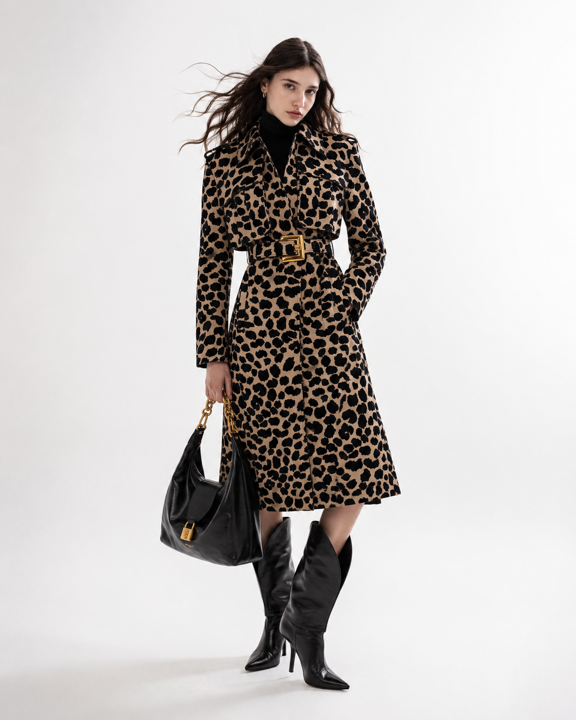 Model in a leopard print coat with black boots